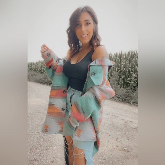 Tops - NWOT Oversized Aztec Teal Turquoise Orange Print Shacket Jacket L/XL